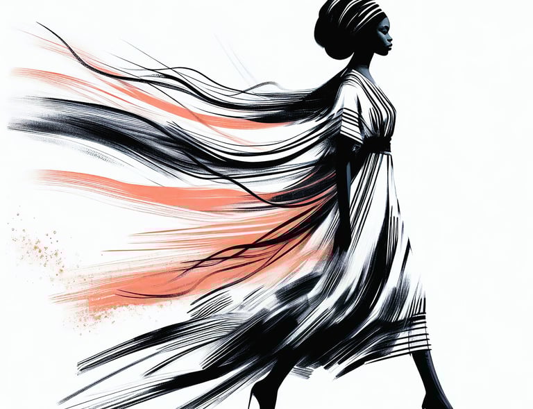 a lady walking with her clothes flowing in the wind