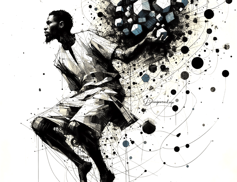 a man carrying a geometrical load on his back in black and white background