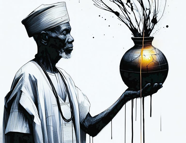 old man holding a calabash in his hand with bright light on it