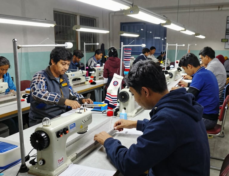 Workers carefully inspecting socks on the production line inside a clean, modern factory.