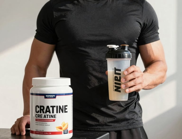 Close-up of a vibrant green creatine supplement container with natural light highlighting the label.