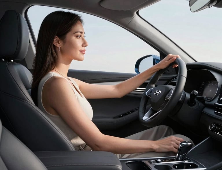 A happy driver unlocking an economy car with a smartphone app.