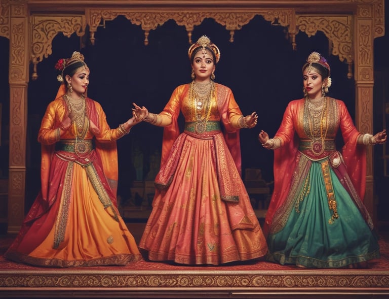 A girl in traditional Indian attire is dancing in a festive environment decorated with colorful balloons, lights, and banners. Other people are present in the background, observing the performance. A child in a similar costume sits on the floor nearby, and a phone is capturing the event.