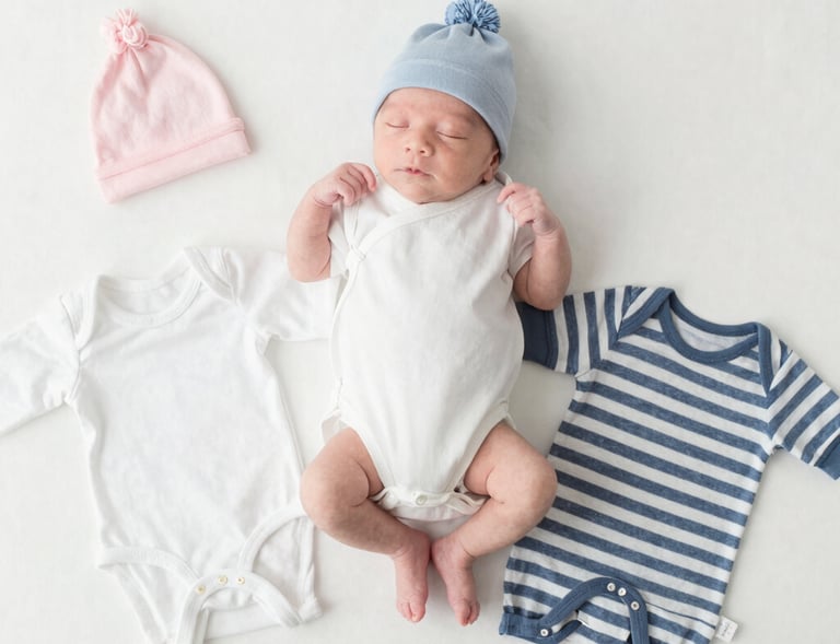 Soft natural light illuminating a basket filled with newborn clothing in earth tones.