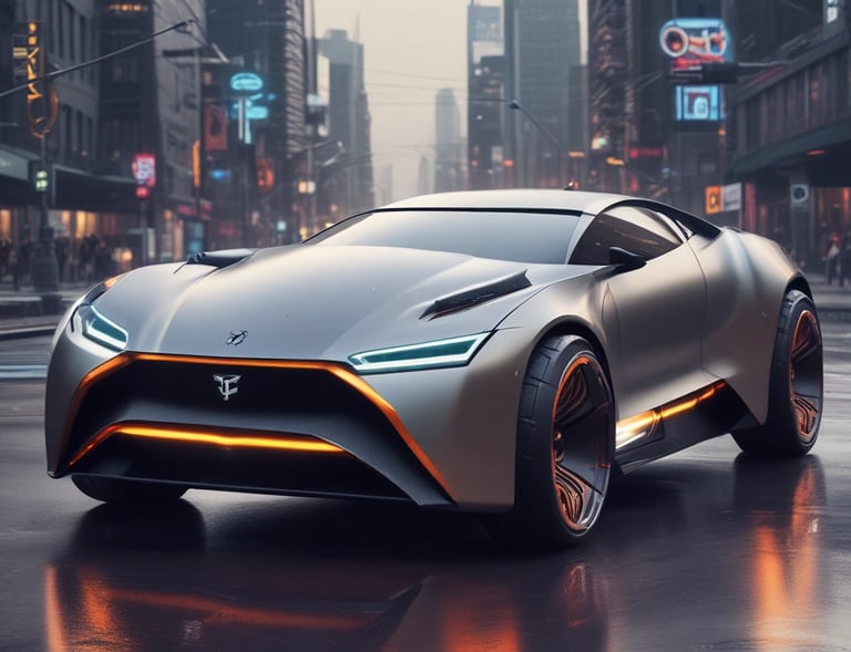 A sleek electric car driving through a neon-lit cityscape at night