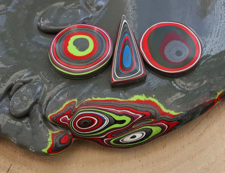 "Colorful layered Fordite cabochons handcrafted from recycled automotive paint, ideal for unique jew
