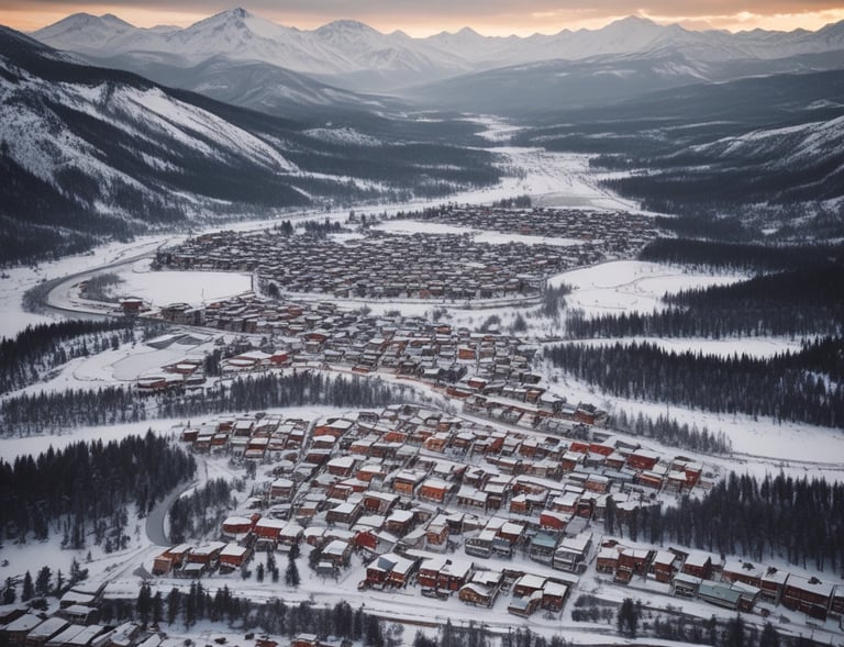 A quadcopter drone flying against a backdrop of soft, blurred mountains. The drone has four propellers and a camera mounted on its underside.