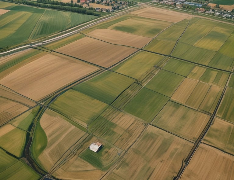 A white drone with black propellers is captured mid-flight against a blurred background of tall glass buildings. The drone has green and yellow lights on its arms and a camera attached to its main body.