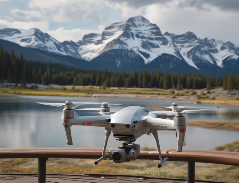 A white drone is positioned on a wooden surface outdoors with a backdrop of snow-covered mountains. A person is holding a remote control device to the right, possibly operating the drone.