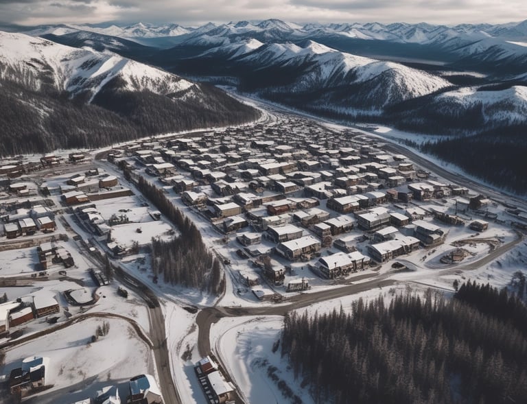 A drone is flying in the sky over a picturesque landscape. Snow-capped mountains stand in the background, and a body of water reflects the scenery. The foreground features a rugged terrain with patches of grass and rock.