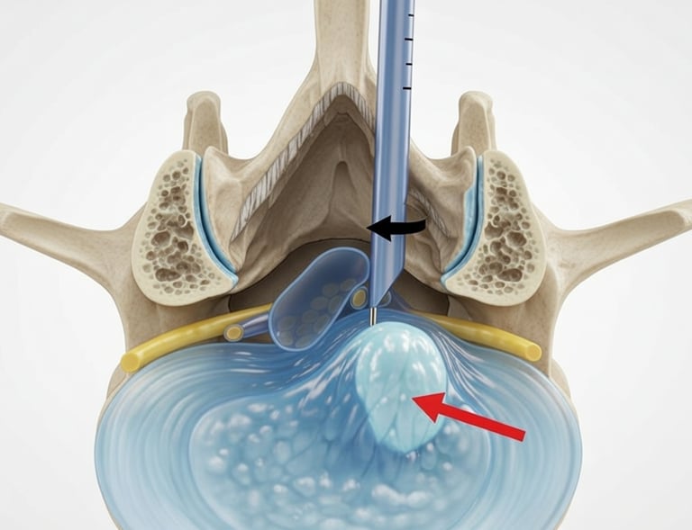 Figura esquematica mostrando o endoscópio no tratamento da hérnia de disco