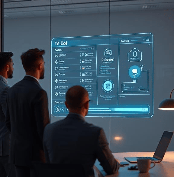 Team in a meeting in front of a Smart Film displaying a task management user interface 