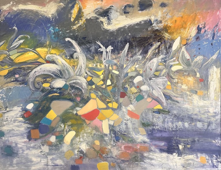 large original oil painting of abstract radiant flowers