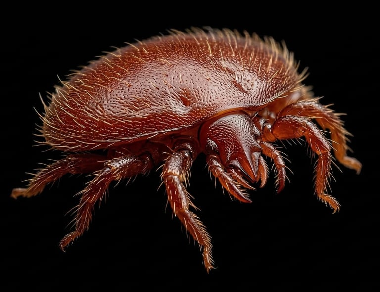 Extreme macro of a brown Varroa destructor mite, a common honey bee parasite, against a black background.