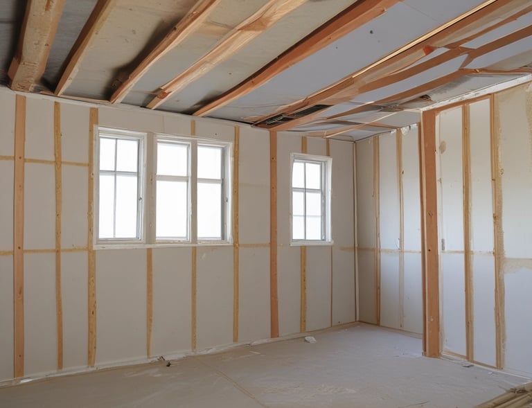 A large, metallic duct system is attached to an exterior wall of a building. The ductwork is insulated with shiny, reflective silver material and connected to a vent or fan unit. Various electrical wires are visible running alongside the structure, and the building's wall has a light pink hue, bathed in warm sunlight.