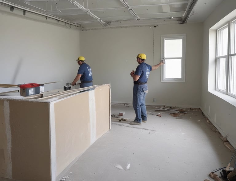 A building under construction with a wooden frame and scaffolding surrounding the structure. Green insulation material is visible on the walls, and various construction materials are present. The site signage includes safety warnings and indicates activity on the upper levels.