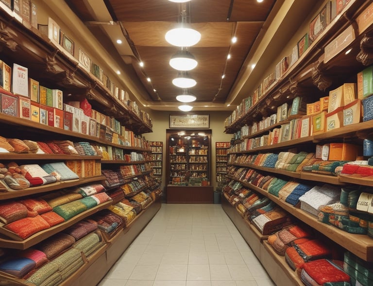 A street scene featuring a traditional medicine shop with red signage and a display of various products in the window. A person wearing a patterned shirt and a face mask stands outside, holding a walking stick. The storefront has blue awnings and a variety of colorful items visible through the glass.