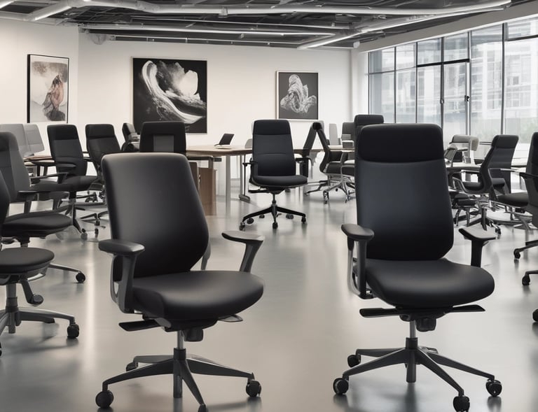A workspace setup featuring a modern office chair with a yellow seat and pink backrest, positioned near a black desk made from an upcycled sewing machine base. On the desk, there is a closed laptop and a potted green plant, all against a plain white wall. The floor has a polished concrete finish.