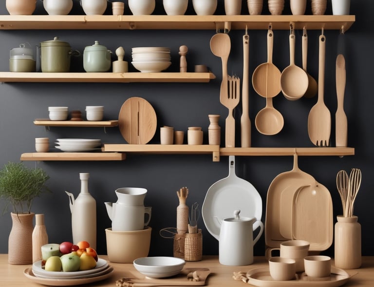 A well-organized and minimalistic kitchen features open shelving with neatly arranged glassware, jars, and kitchen utensils. Several green plants add a touch of nature, complementing the predominantly white decor. A stainless steel sink is located centrally, with various cooking essentials positioned around it.
