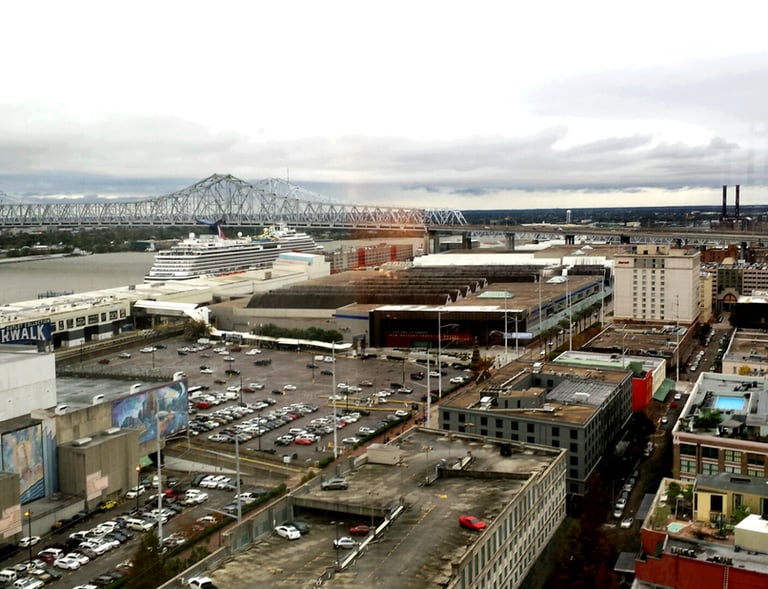 A large cruise ship docked in a harbor, New Orleans, Louisiana, USA