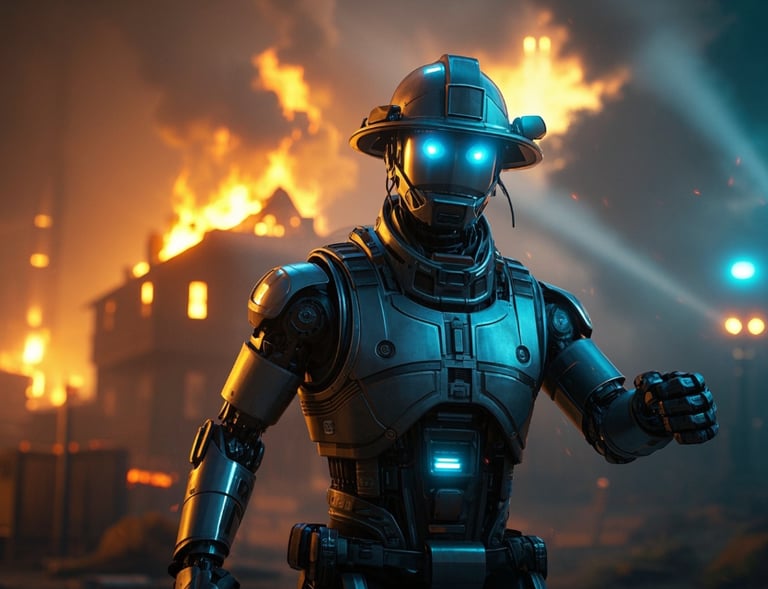ai male robot fire armor sanding in front of house on fire 