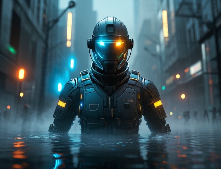 ai male robot in rescue uniform wading through water flooded streets 