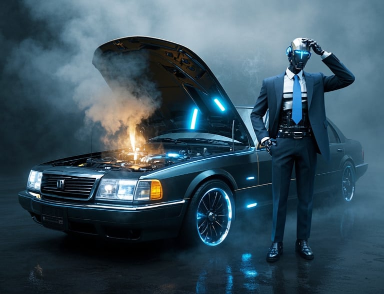 ai male robot business suit hand on his head standing in front of his car broke down 