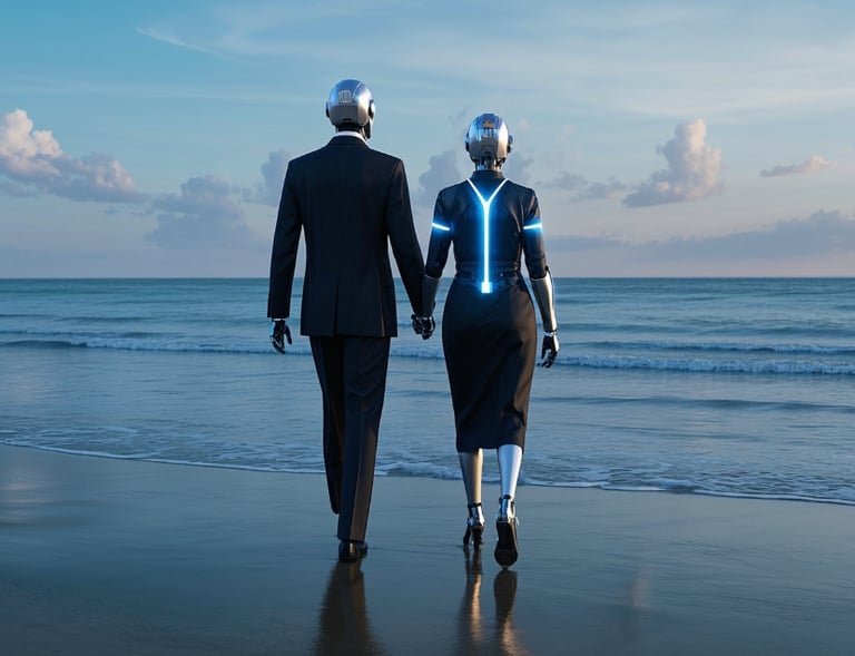 ai robot couple dressed professional holding hands and walking on beach 