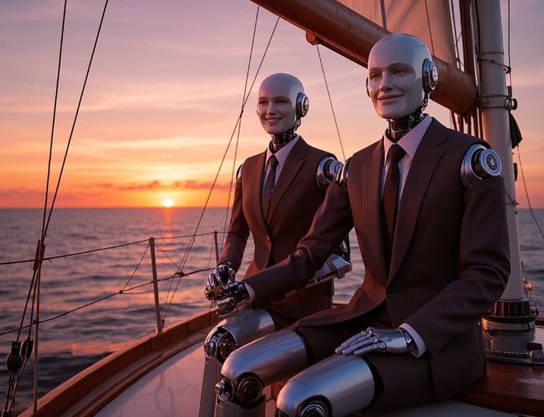 ai robot couple are sailing on sea with large sailboat