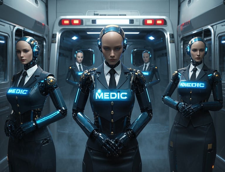 several ai female robot medics standing behind ambulance 