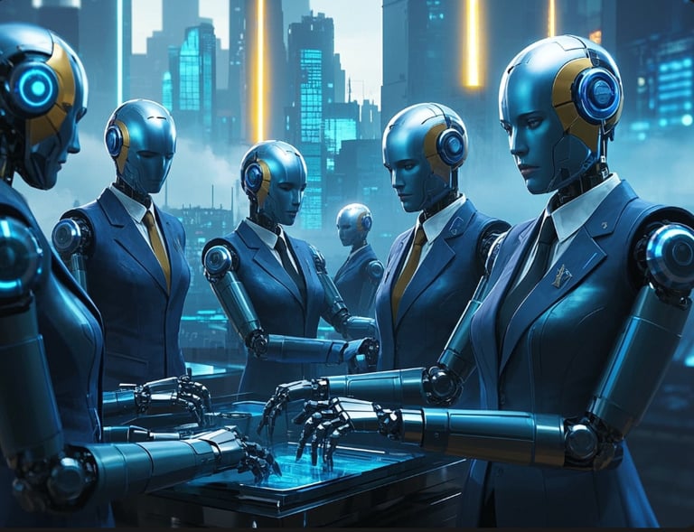 several ai female robots business suits working well together 