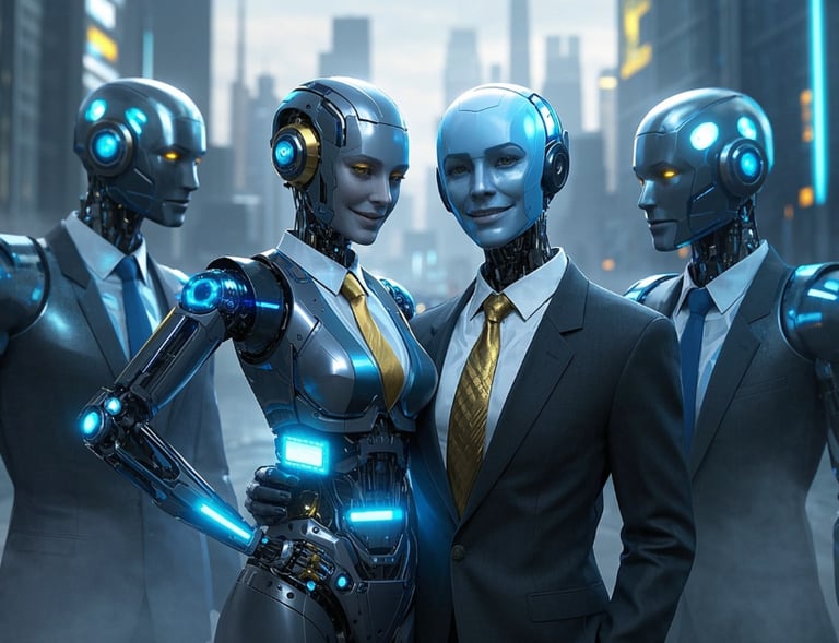 ai female and male robots business suits hugging each other