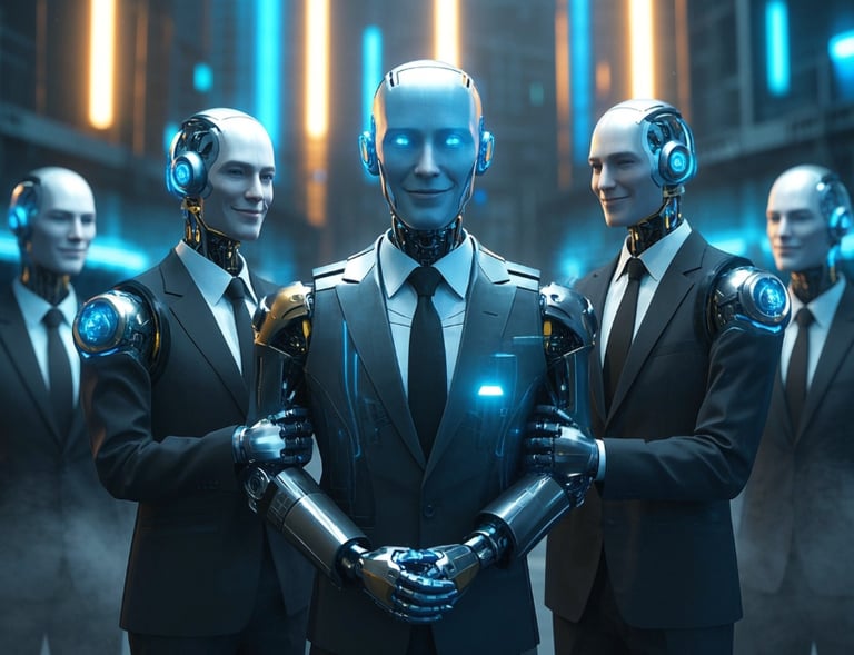ai male robots business suits being supportive of each other