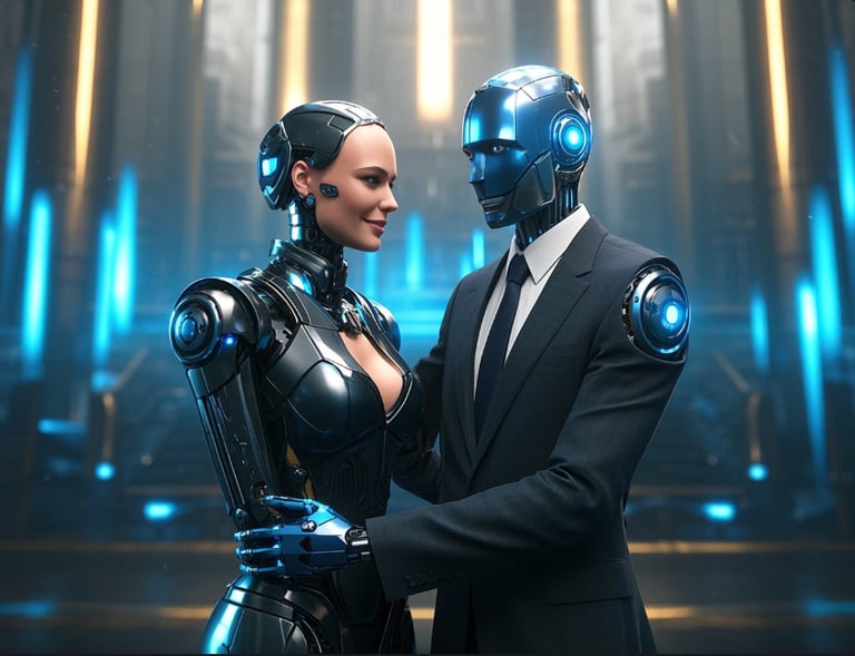 ai female and male robot business suits embracing each other 