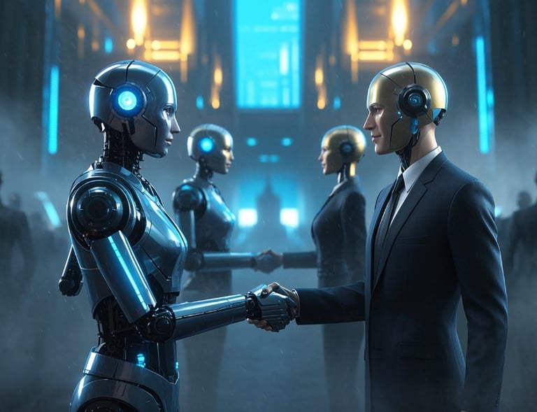 ai female and male robots business suits shaking hands 