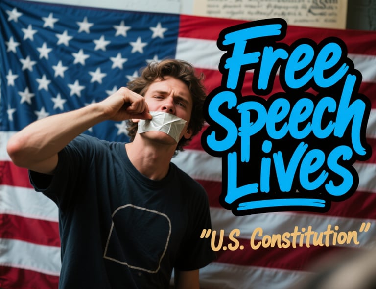 a man with tape over his mouth free speech lives