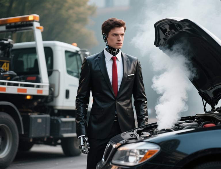 a man wearing a black leather suit red tie tow truck and car broke down
