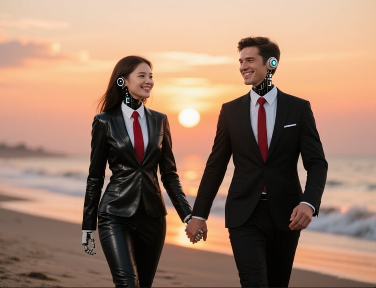 a man and woman holding hands and walking on the beach