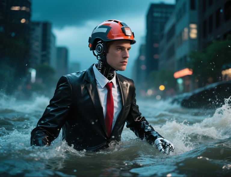 a search and rescue man wading through flooded streets 