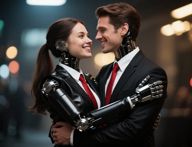 a man and woman in a suit and tie hugging each other 