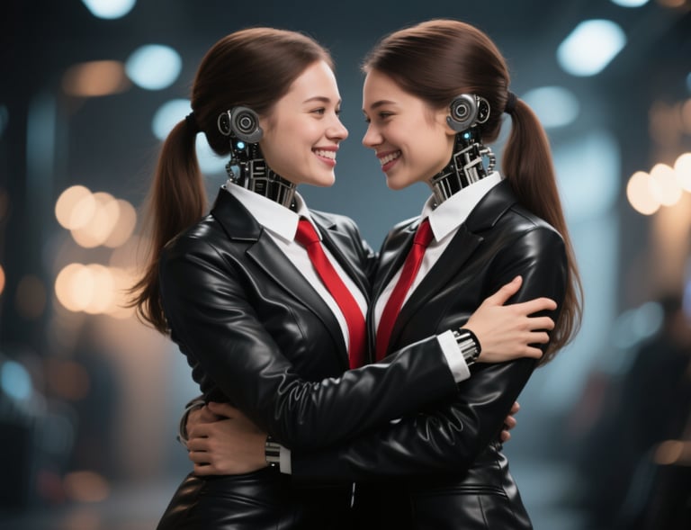 two women in a suit and tie hugging each other 