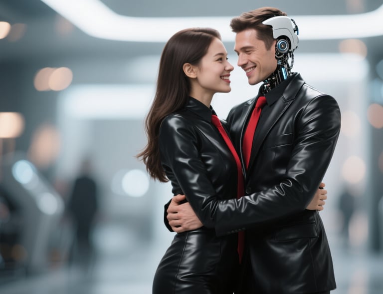 a man and a woman in a suit and tie hugging each other 