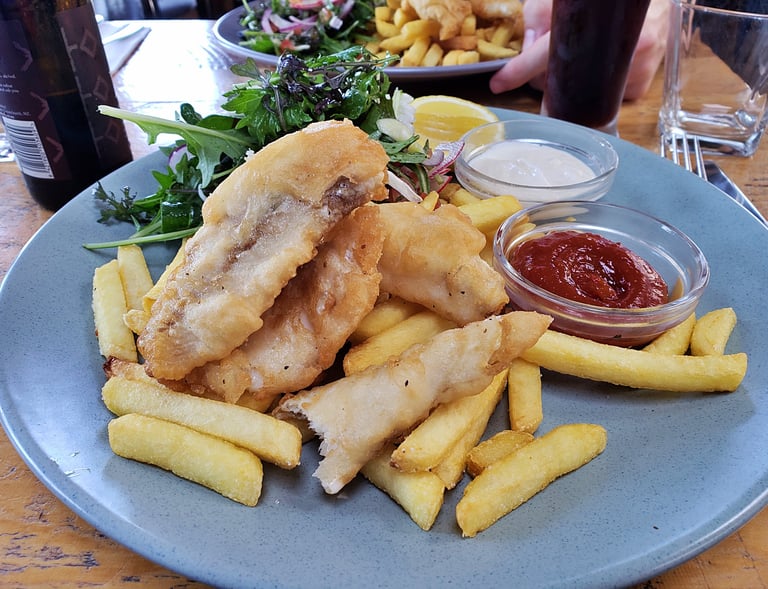 Delicious fish and chips at the Beach Bar at Sumner Beach in Christchurch, New Zealand