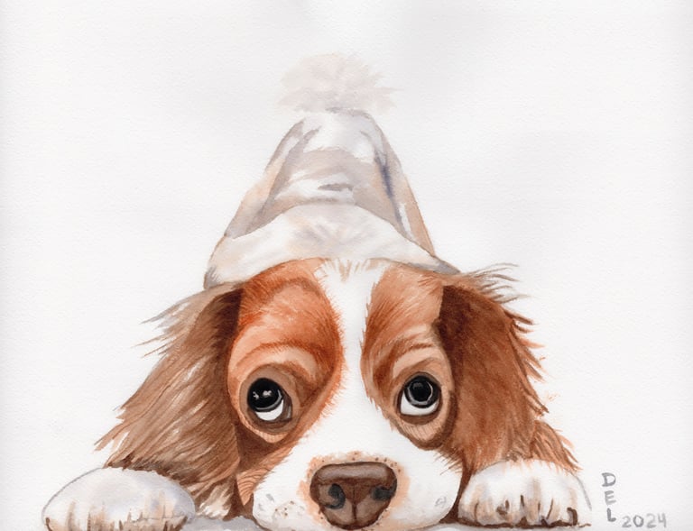 watercolor painting of a King Charles Cavalier Spaniel bowing down and looking up with big eyes