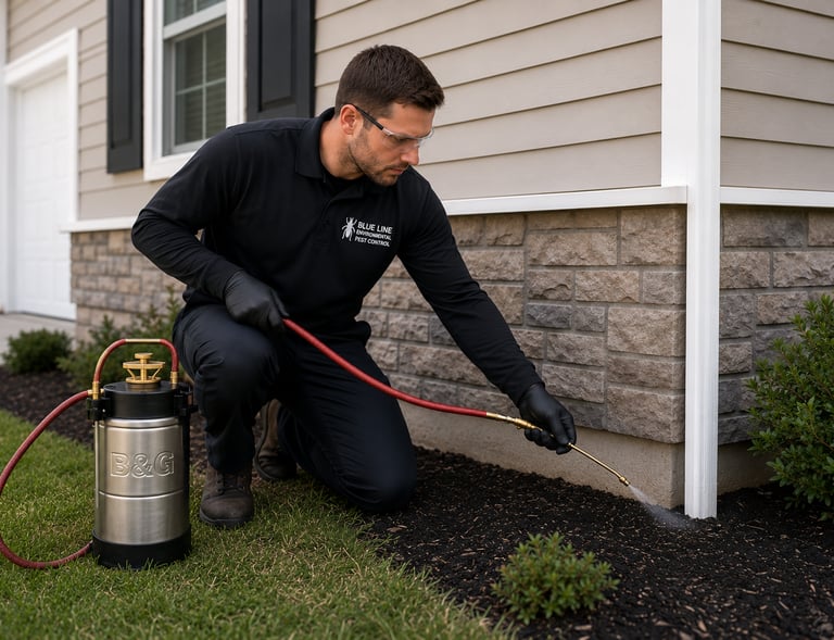 Pest control technician in black uniform, gloves, and safety glasses applying pesticide treatment to a home's foundation