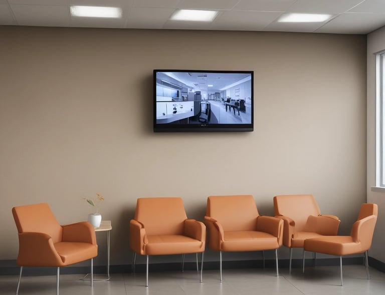 Large glass facade of a building with the 'News Corporation' sign above. Inside, two illuminated Christmas trees are visible. Blue barriers with '1211 Avenue of the Americas' in white text line the front.