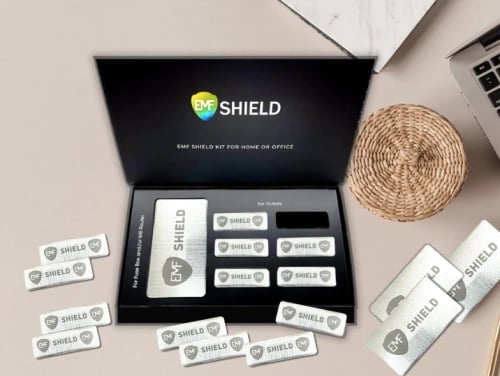 EMF shield protection kit for home and office with radiation blocking stickers for outlets and fuse boxes.
