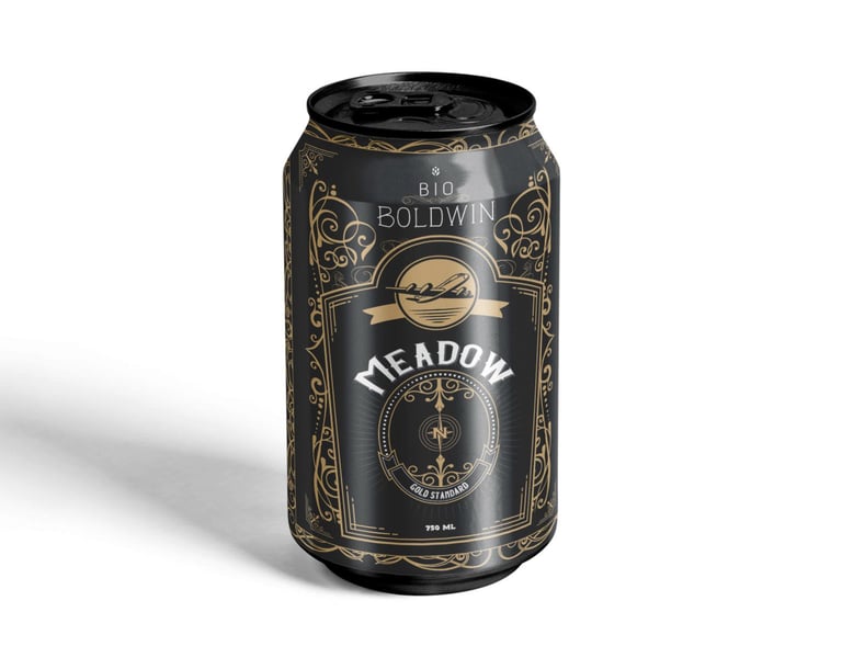 Bold can packaging design for Bio Boldwin Alcohol with historic patterns and vintage-inspired style.