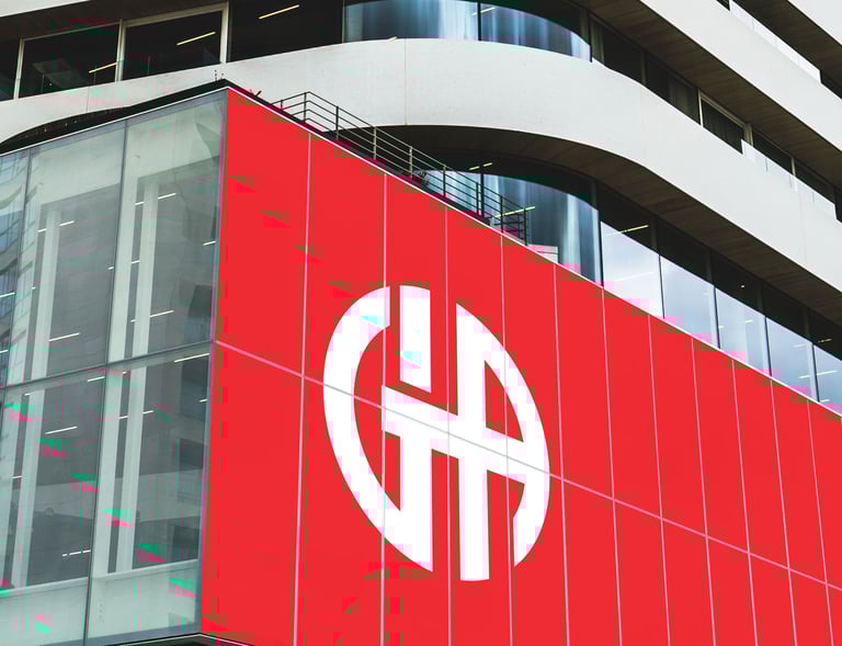 Modern logo and branding design for GHA Developers, featuring bold typography and a sleek red color 