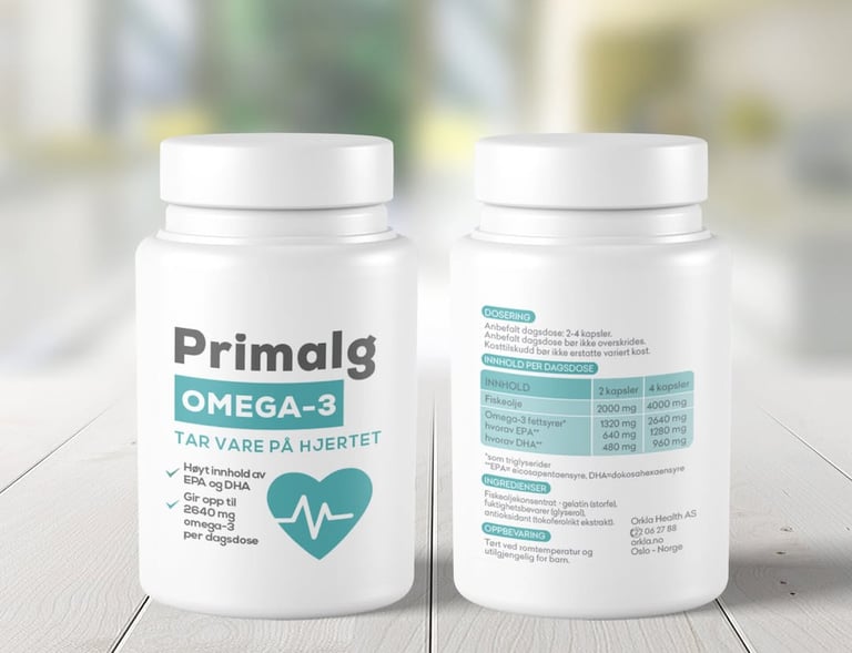 Clean and minimal packaging design for PrimalG Omega-3, highlighting purity and health benefits.